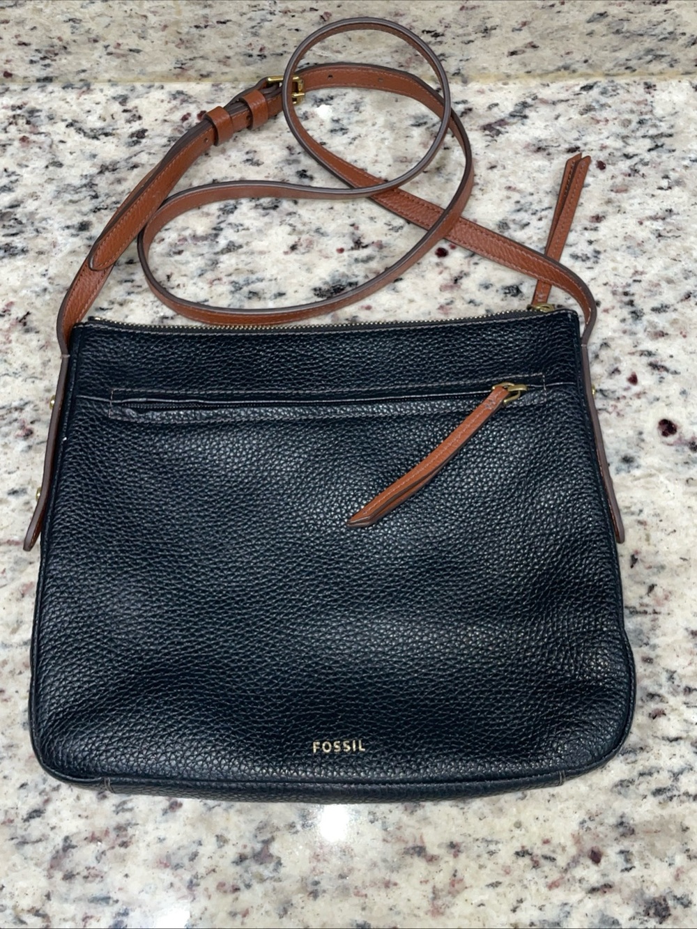 Fossil Black Pebbled Leather Crossbody with Brown Strap